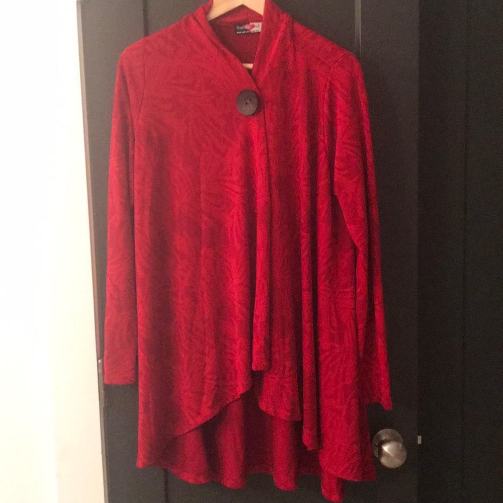 Ruby red duster jacket with single button closure